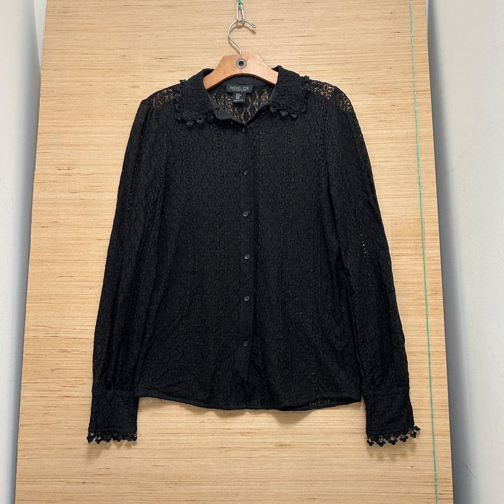 Rachel Zoe Black Floral Lace Button Down Blouse Long Sleeve Scalloped Trim M